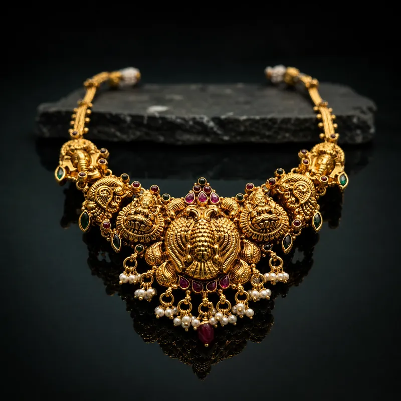 Nagas Peacock & Lakshmi Necklace — antique gold-polished nagas cluster necklace - detail - 925 Sterling Silver