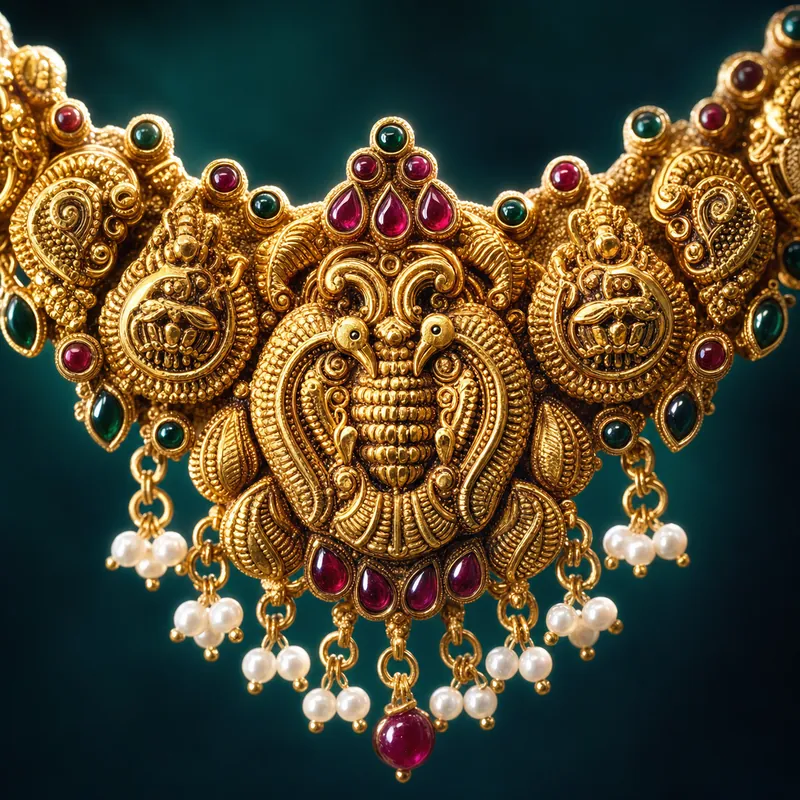Nagas Peacock & Lakshmi Necklace — antique gold-polished nagas cluster necklace - alternate view - 925 Sterling Silver