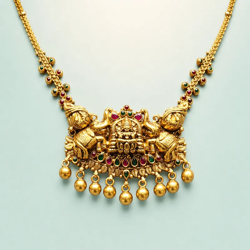 Lakshmi-Elephant Bead-Drop Necklace — antique gold-polished deity necklace with ball drops - 925 Sterling Silver on seaglass background