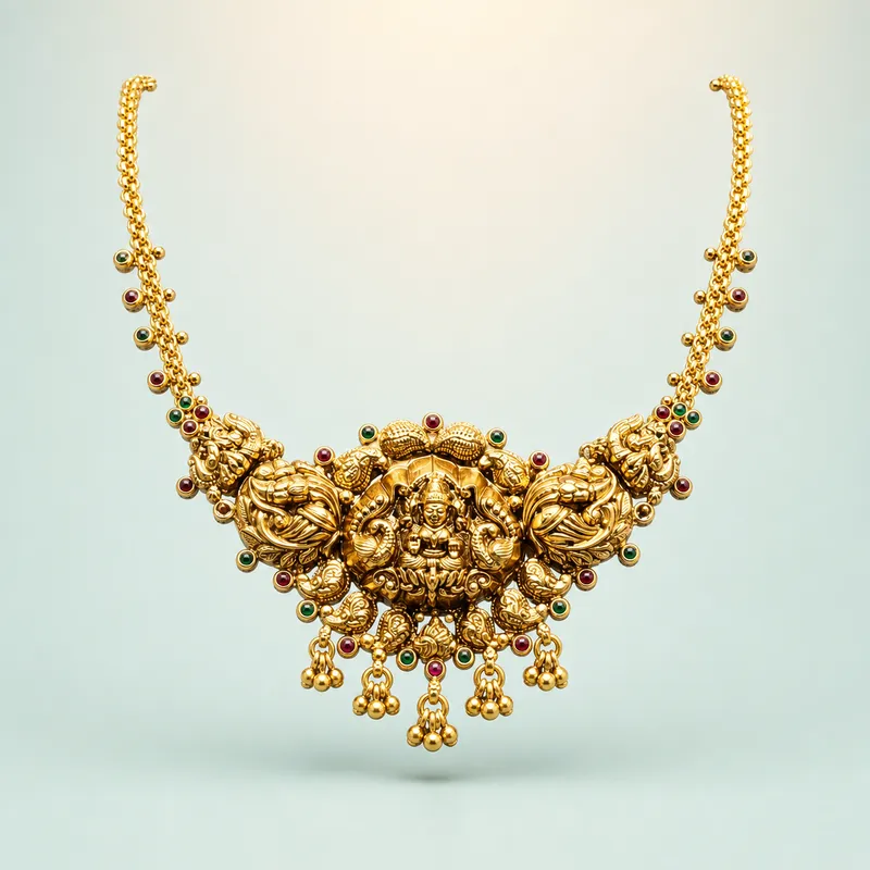 Lakshmi-Peacock Scroll Necklace — antique gold-polished deity-and-peacock necklace - 925 Sterling Silver on seaglass background