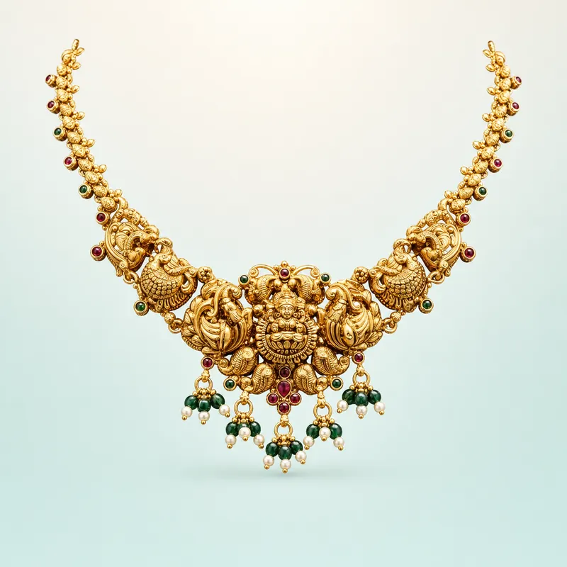 Lakshmi-Peacock Green-Bead Drop Necklace — delicate antique gold-polished deity necklace - 925 Sterling Silver on seaglass background