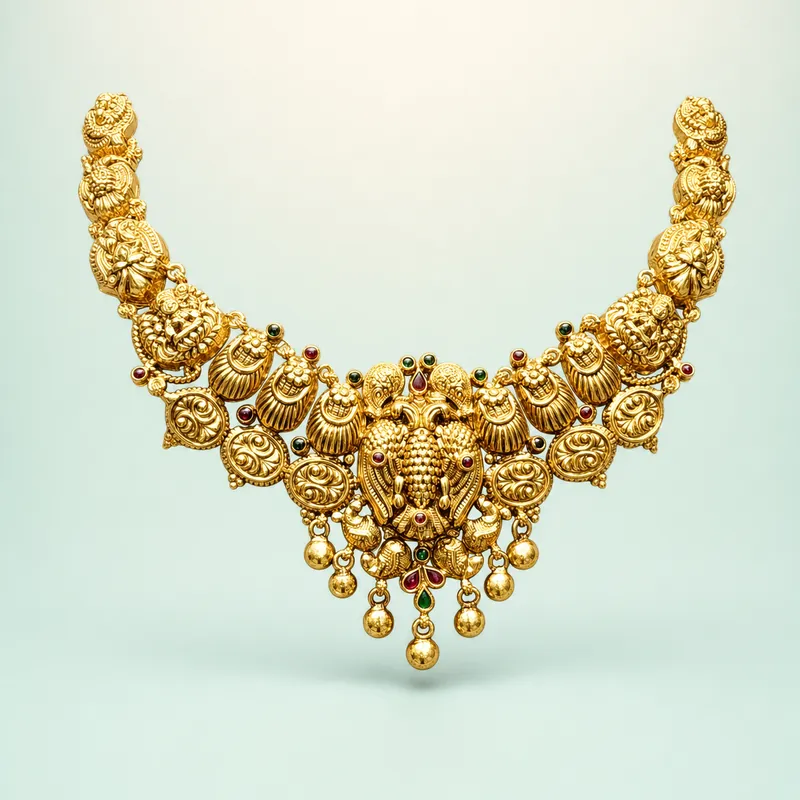 Grand Peacock Nagas Necklace — statement antique gold-polished nagas collar - 925 Sterling Silver on seaglass background