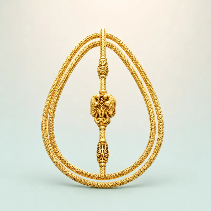 Twin-Bird Mugappu Chain — long antique gold-polished side-pendant chain - 925 Sterling Silver on seaglass background