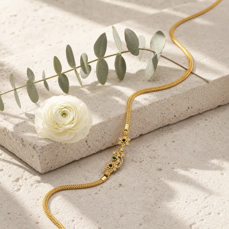 Floral-Peacock Enamel Mugappu Chain — long stone-set side-pendant chain - detail - 925 Sterling Silver