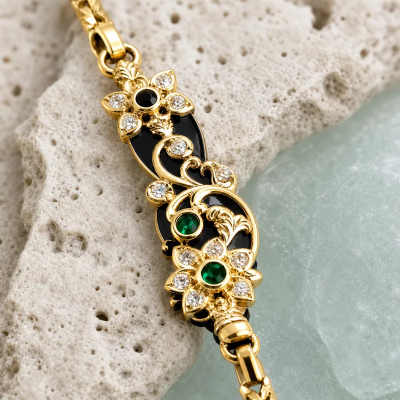 Floral-Peacock Enamel Mugappu Chain — long stone-set side-pendant chain - alternate view - 925 Sterling Silver