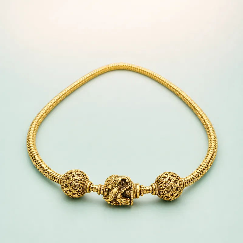 Elephant-Ball Mugappu Chain — heavy long antique gold-polished side-pendant chain - 925 Sterling Silver on seaglass background