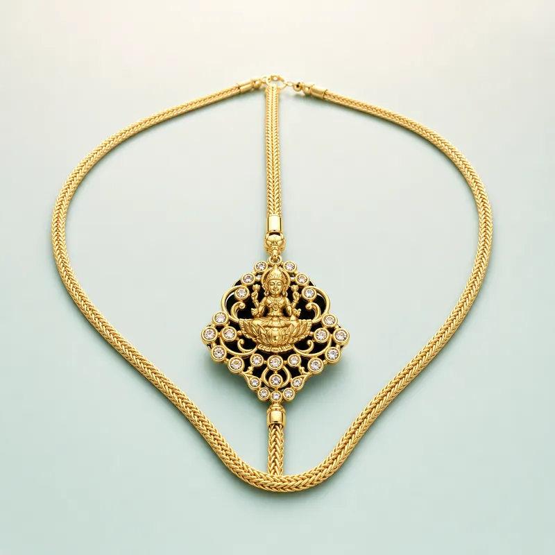 Lakshmi-CZ Mugappu Chain — long deity side-pendant chain - 925 Sterling Silver on seaglass background
