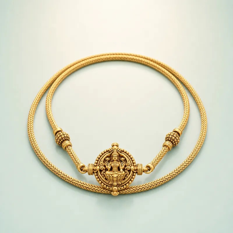 Lakshmi-Barrel Mugappu Chain — long round-weave side-pendant chain - front - 925 Sterling Silver