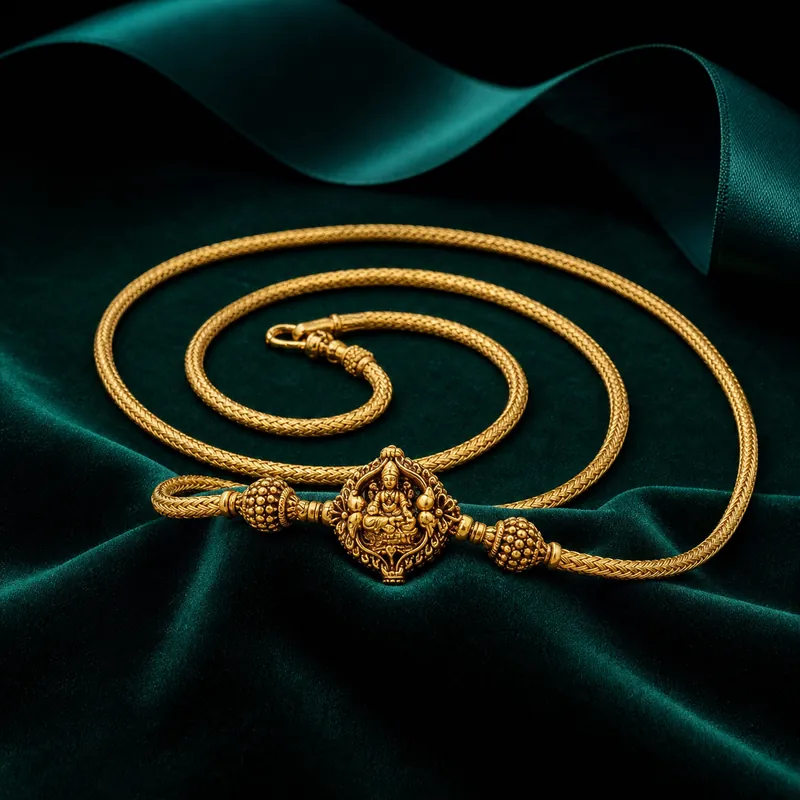 Lakshmi-Barrel Mugappu Chain — long round-weave side-pendant chain - detail - 925 Sterling Silver