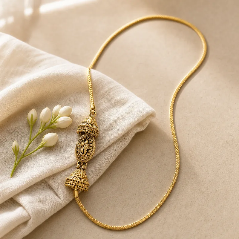 Jhumka-Bell Mugappu Chain (33.45g) — long side-pendant chain - detail - 925 Sterling Silver