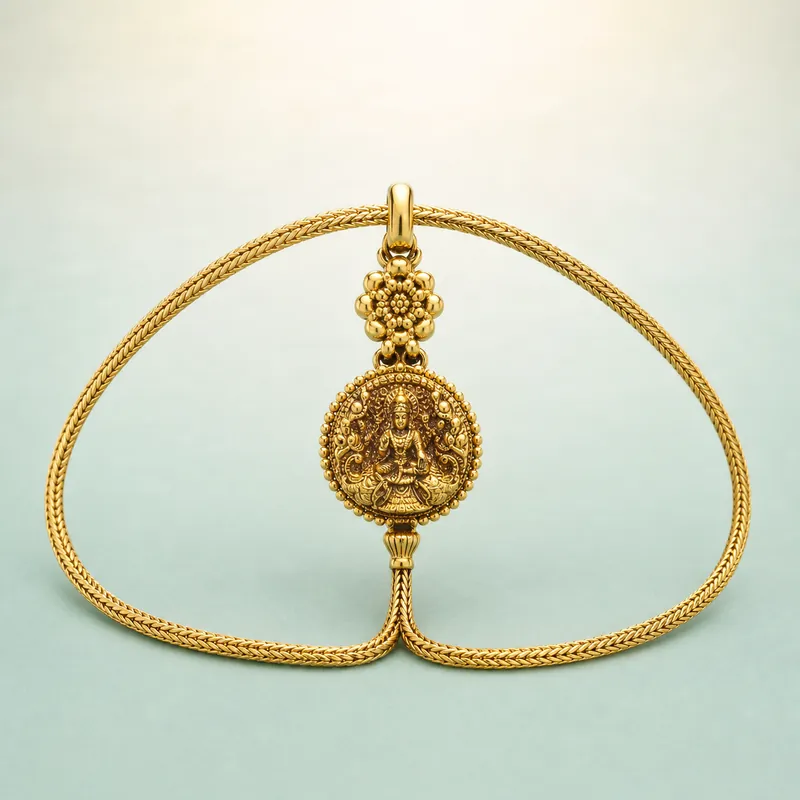 Lakshmi-Flower Mugappu Chain — long deity side-pendant chain - 925 Sterling Silver on seaglass background