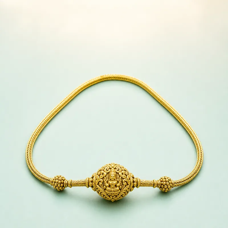 Ornate-Ball Mugappu Chain — long side-pendant chain - 925 Sterling Silver on seaglass background