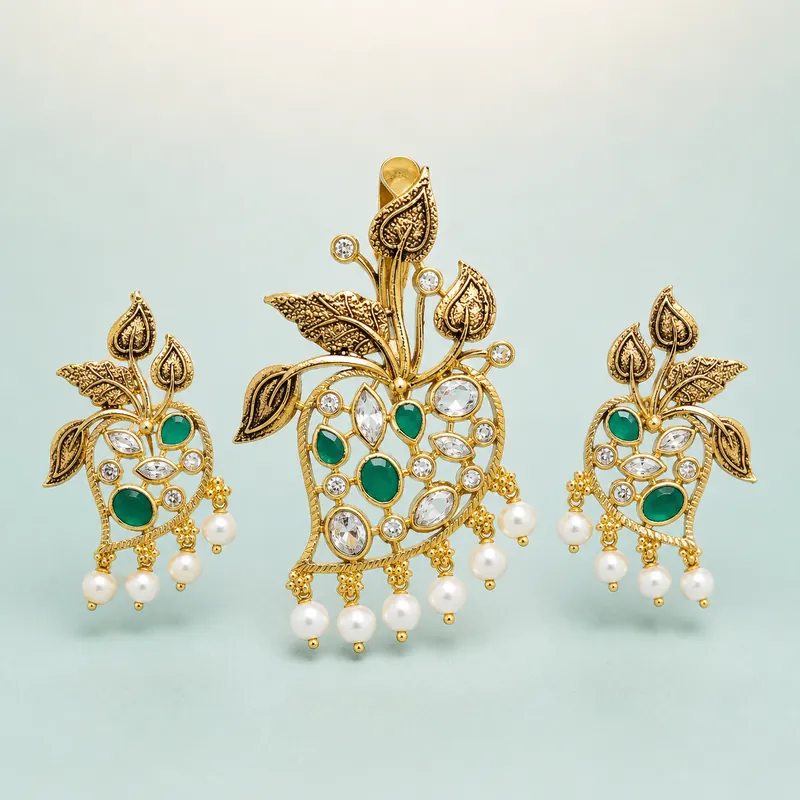 Antique Leaf-and-Mango Emerald & Pearl Pendant Set (≈20.7–20.9g) - 925 Sterling Silver on seaglass background