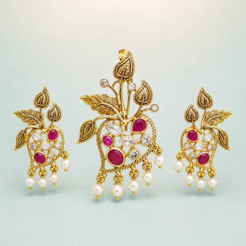 Antique Leaf-and-Mango Ruby & Pearl Pendant Set (Pendant 10.940g · Earrings 10.020g) - 925 Sterling Silver on seaglass background