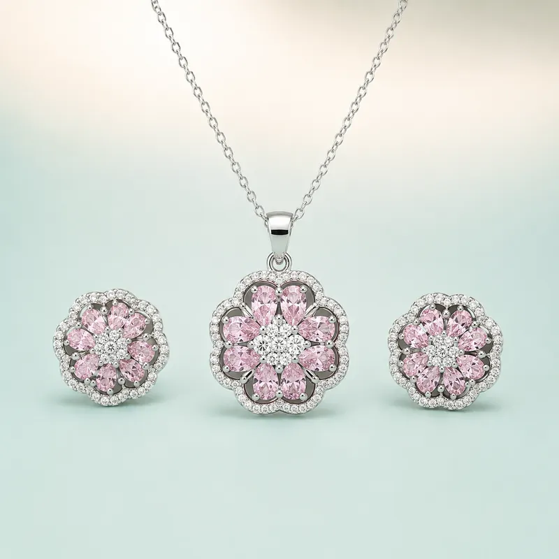 Pink Blossom CZ Pendant Set — bright silver, pink marquise petals - front - 925 Sterling Silver