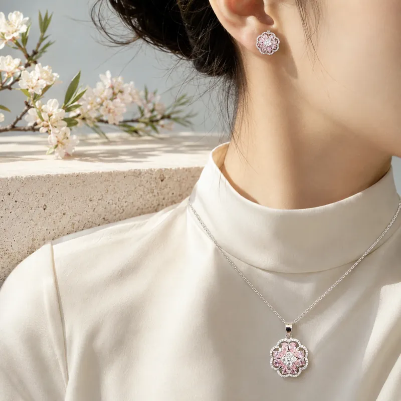 Pink Blossom CZ Pendant Set — bright silver, pink marquise petals - detail - 925 Sterling Silver