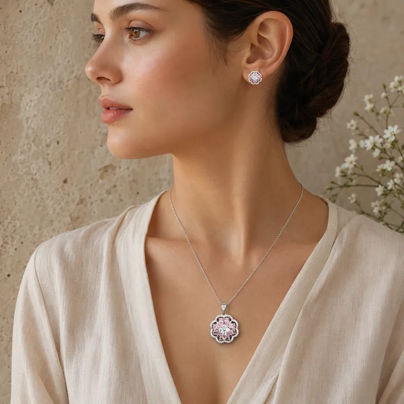 Pink Blossom CZ Pendant Set — bright silver, pink marquise petals - alternate view - 925 Sterling Silver