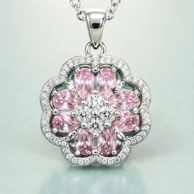 Pink Blossom CZ Pendant Set — bright silver, pink marquise petals - view 4 - 925 Sterling Silver