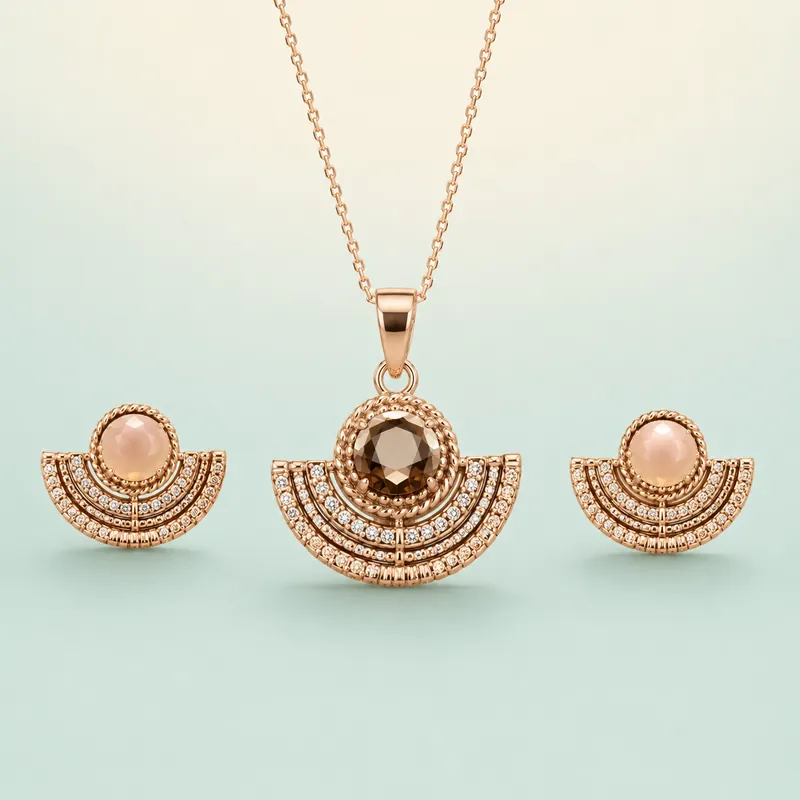 Rose-Gold Art-Deco Fan Set — warm gold-polished silver, champagne cabochon & smoky topaz  -  925 Sterling Silver on seaglass background