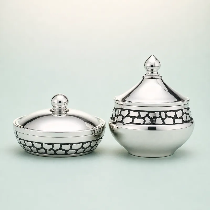 Oxidised-Banded Lidded Trinket-Box Duo (flat-dome box + onion-dome pot) - 925 Sterling Silver on seaglass background