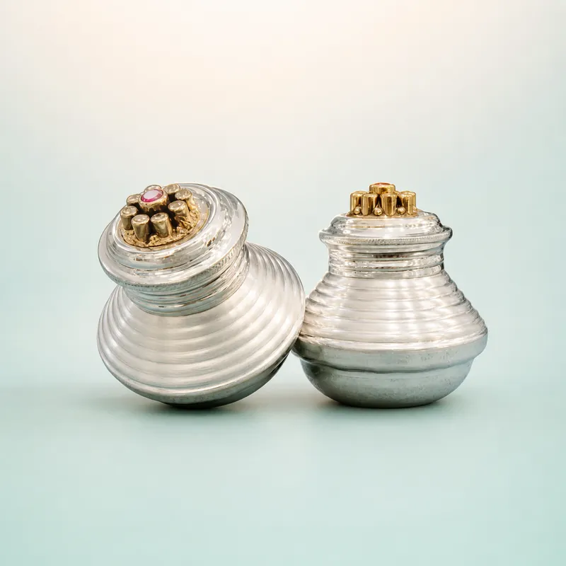 Spinning-Top Sindoor Dabbi Pair (ribbed silver + gold finial cluster · red stone) - front - 925 Sterling Silver
