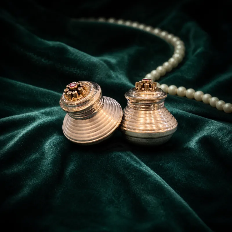 Spinning-Top Sindoor Dabbi Pair (ribbed silver + gold finial cluster · red stone) - detail - 925 Sterling Silver