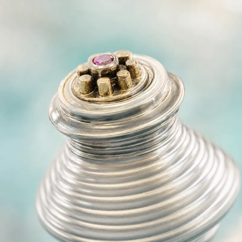Spinning-Top Sindoor Dabbi Pair (ribbed silver + gold finial cluster · red stone) - alternate view - 925 Sterling Silver