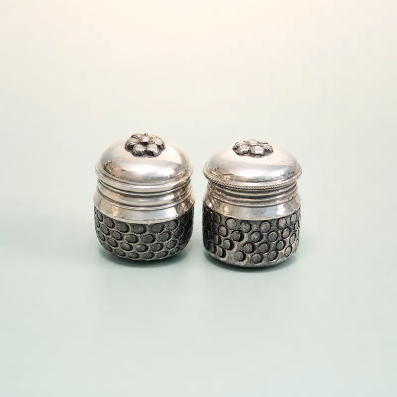 Flower-Finial Trinket-Pot Pair (polished silver domed lids + oxidised coin-scale band) - 925 Sterling Silver on seaglass background
