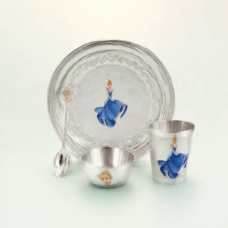 Kids' Silver Dining Set — Cinderella (printed cartoon · plate · katori · tumbler · spoon) - 925 Sterling Silver on seaglass background