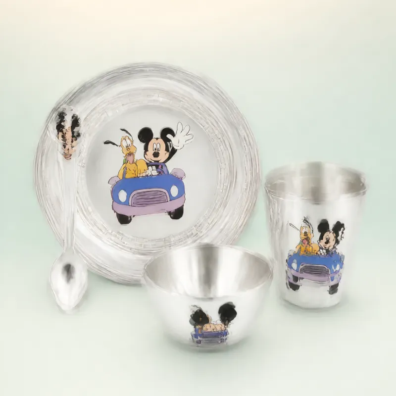 Kids' Silver Dining Set — Mickey & Pluto (printed cartoon · plate · katori · tumbler · spoon) - 925 Sterling Silver on seaglass background