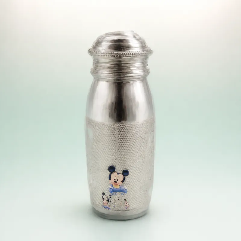 Baby-Mickey Printed Silver Water Bottle (screw-dome cap · engraved hatch body · blue printed decal) - 925 Sterling Silver on seaglass background