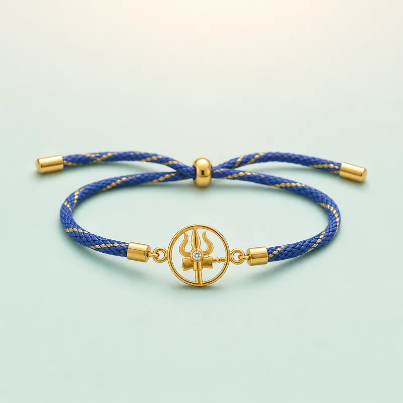 Gold Trishul disc rakhi · royal-blue cord  -  925 Sterling Silver on seaglass background