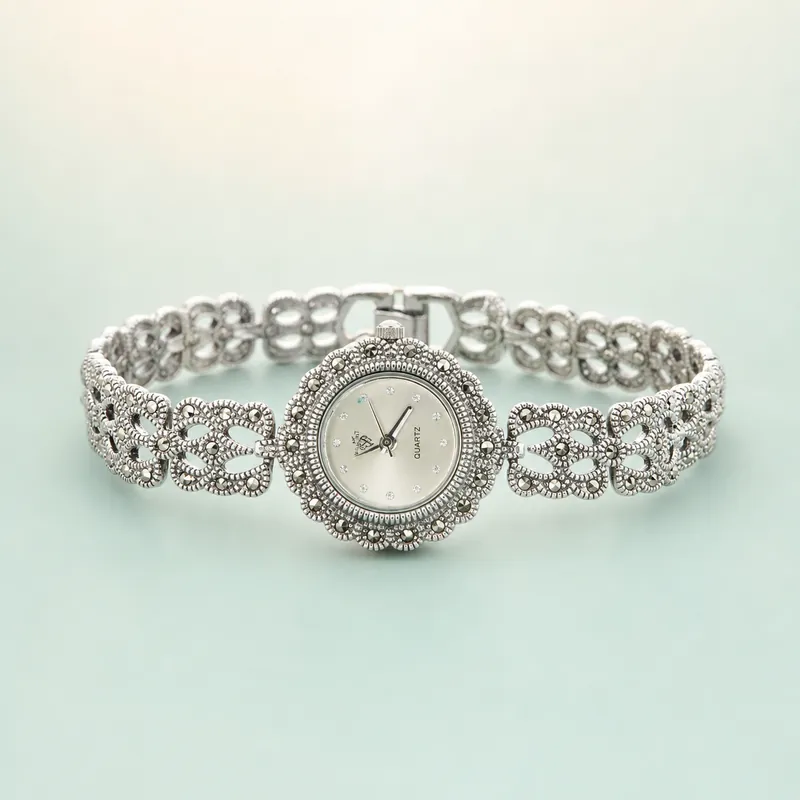 Marcasite Filigree Silver Bracelet Watch - front - 925 Sterling Silver