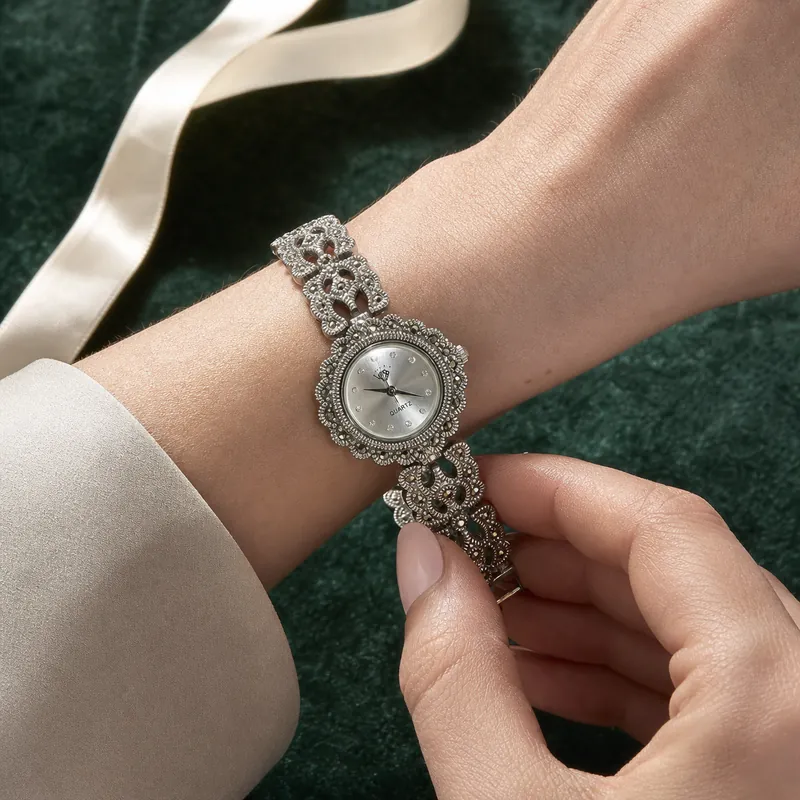 Marcasite Filigree Silver Bracelet Watch - detail - 925 Sterling Silver