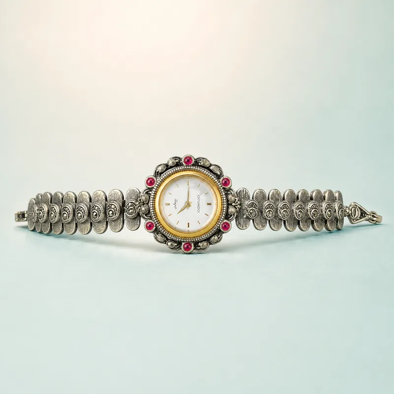 Antique Two-Tone Cabochon & Marcasite Wrist Watch - 925 Sterling Silver on seaglass background
