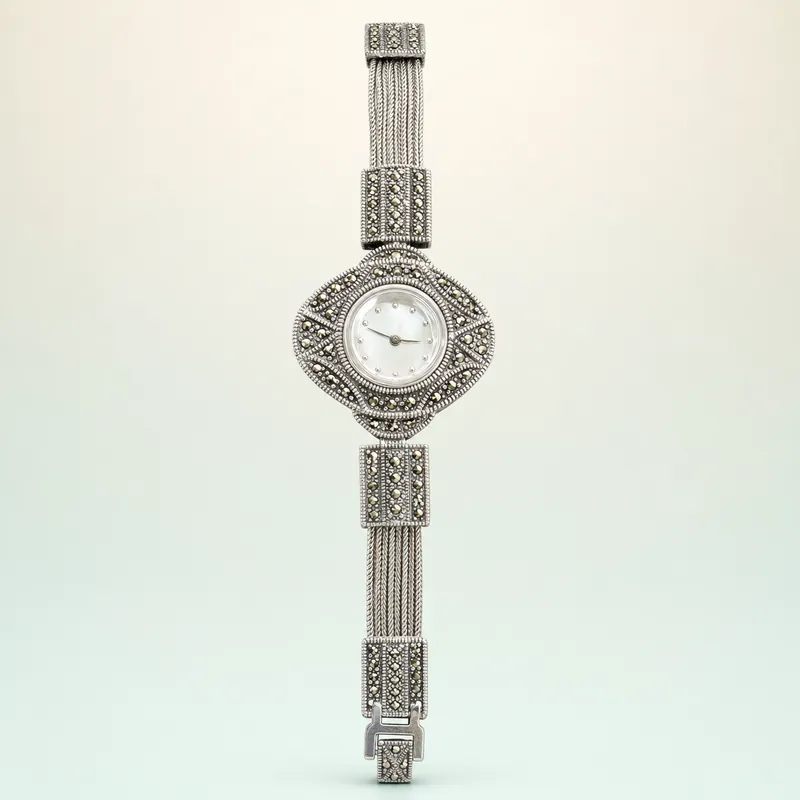 Marcasite & Mother-of-Pearl Dial Silver Wrist Watch - front - 925 Sterling Silver