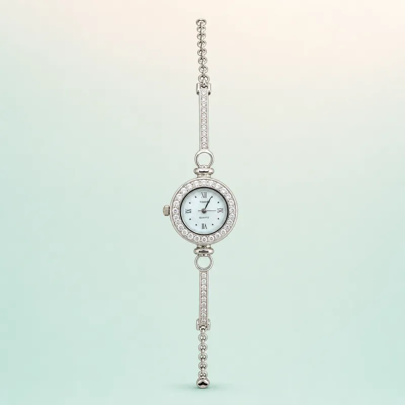 CZ-Set Round-Dial Silver Chain Watch - 925 Sterling Silver on seaglass background