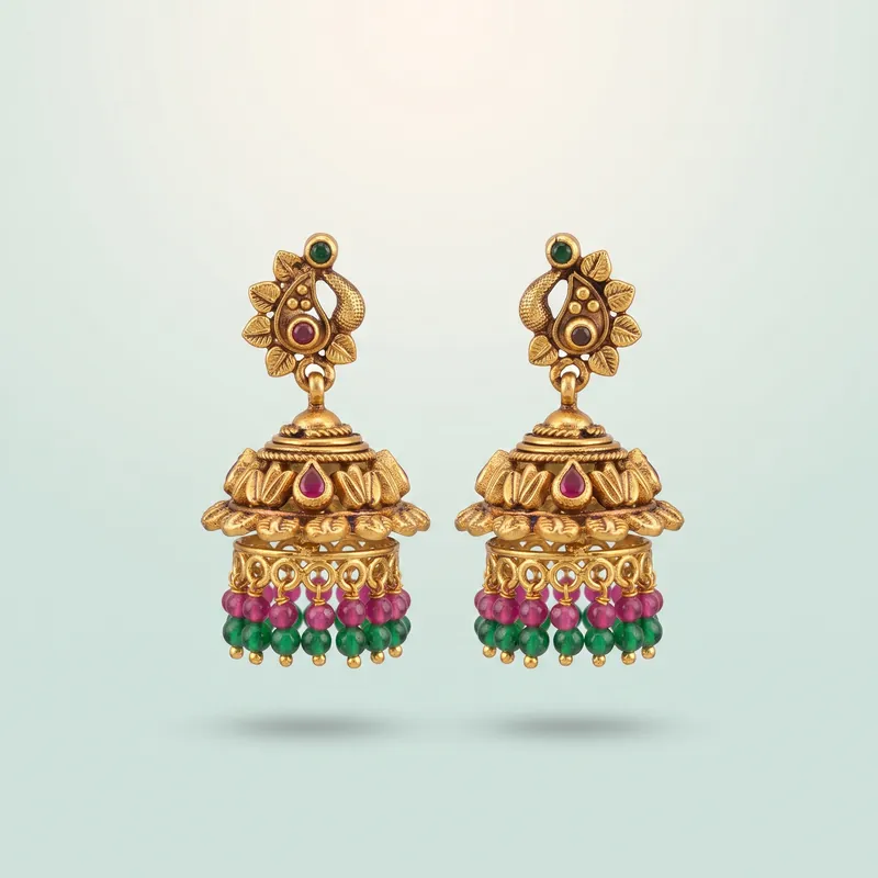 Antique gold peacock-motif jhumka, pink + green kemp bead fringe - 925 Sterling Silver on seaglass background