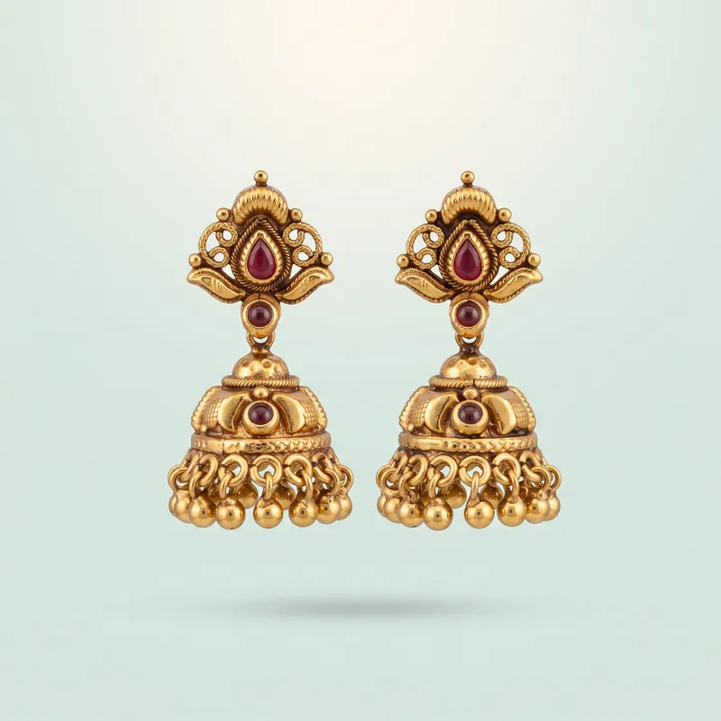 Antique gold scroll-top jhumka, red kemp, polished gold bead fringe - front - 925 Sterling Silver