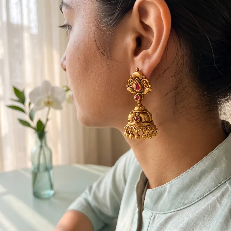 Antique gold scroll-top jhumka, red kemp, polished gold bead fringe - detail - 925 Sterling Silver