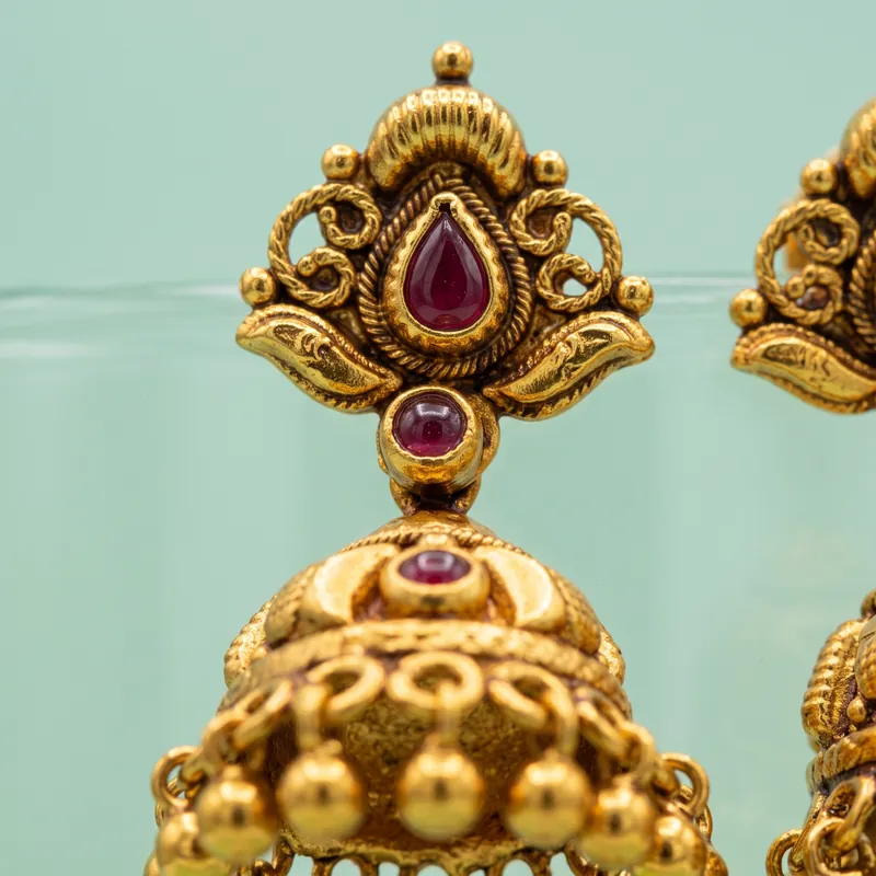 Antique gold scroll-top jhumka, red kemp, polished gold bead fringe - alternate view - 925 Sterling Silver