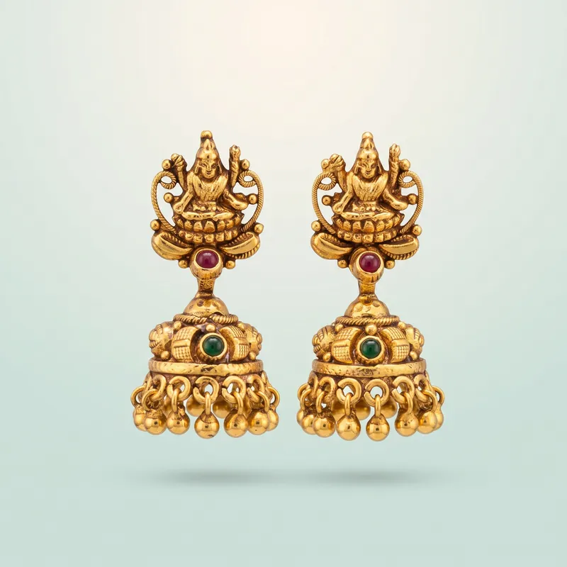 Antique gold Lakshmi temple jhumka, red + green kemp, gold bead fringe - 925 Sterling Silver on seaglass background