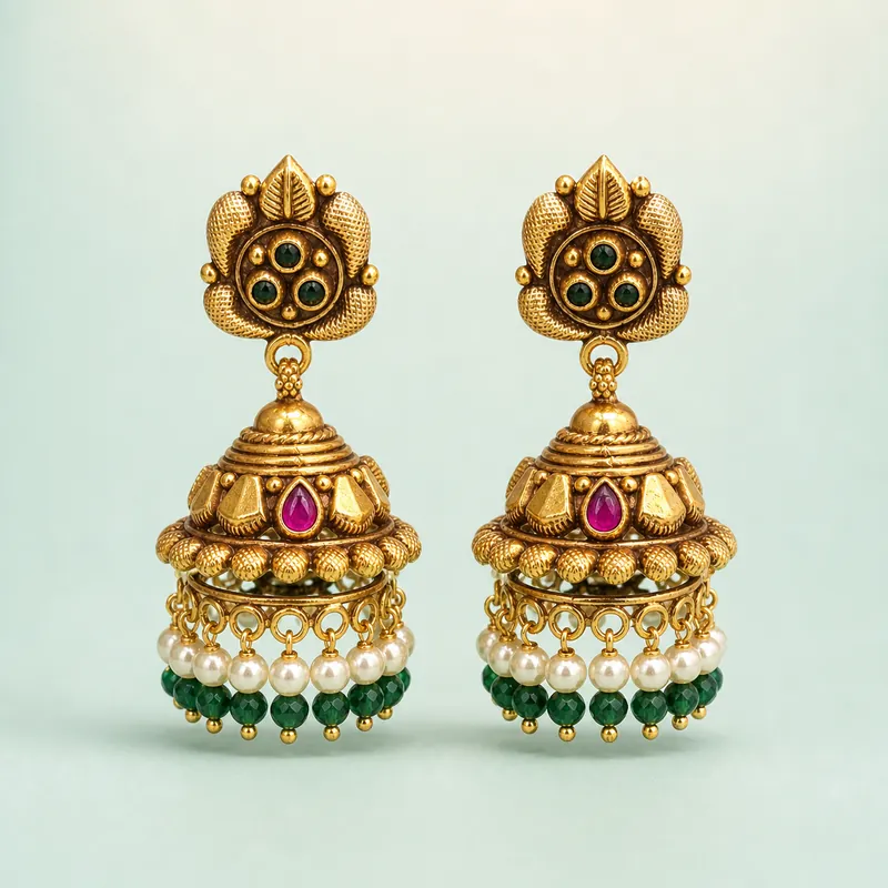 Antique gold lotus jhumka, green cabochons + red kemp, pearl & green bead fringe - 925 Sterling Silver on seaglass background