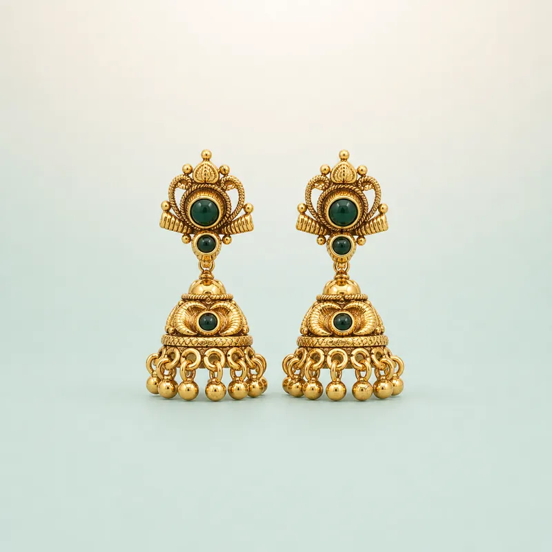 Antique gold crown-top jhumka, green cabochon, gold bead fringe - 925 Sterling Silver on seaglass background