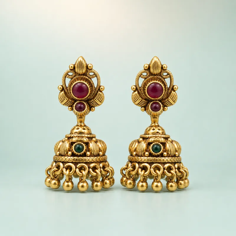 Antique gold scroll jhumka, red + green kemp, gold bead fringe - 925 Sterling Silver on seaglass background