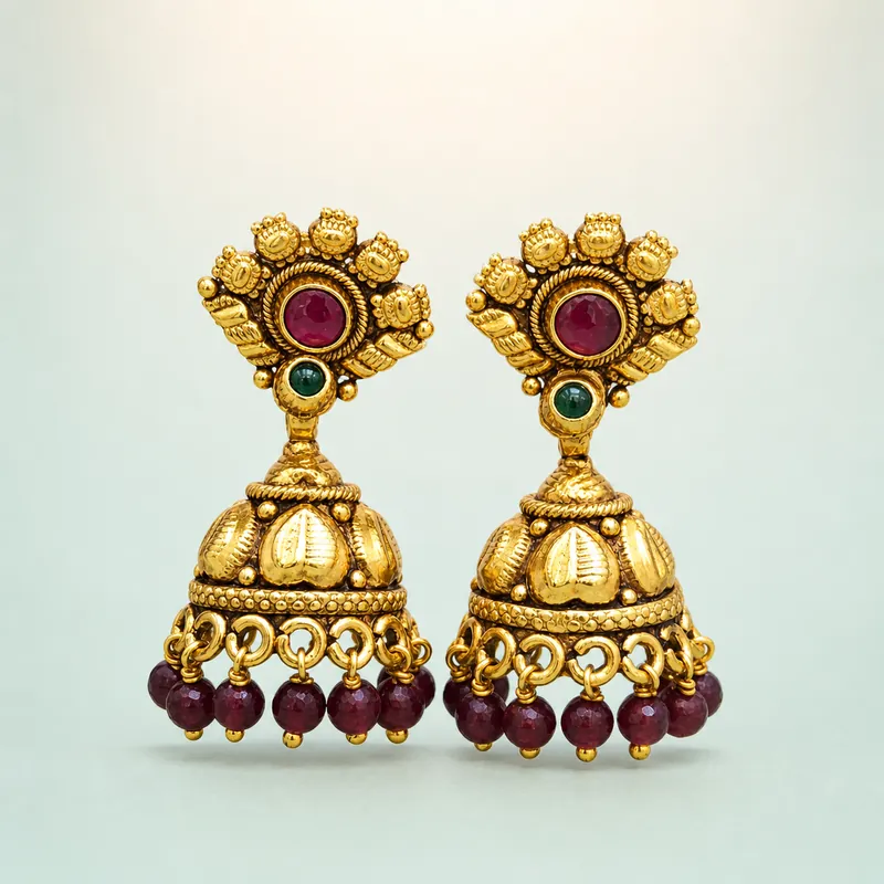 Antique gold fan-crown jhumka, red + green kemp, maroon bead fringe - 925 Sterling Silver on seaglass background