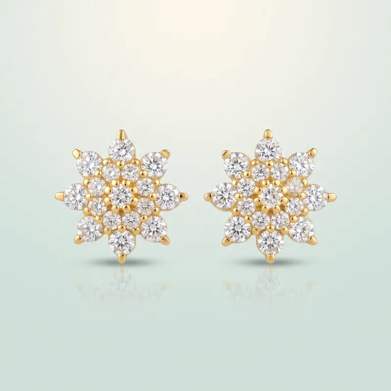 Gold CZ floral-cluster studs, white stones - front - 925 Sterling Silver
