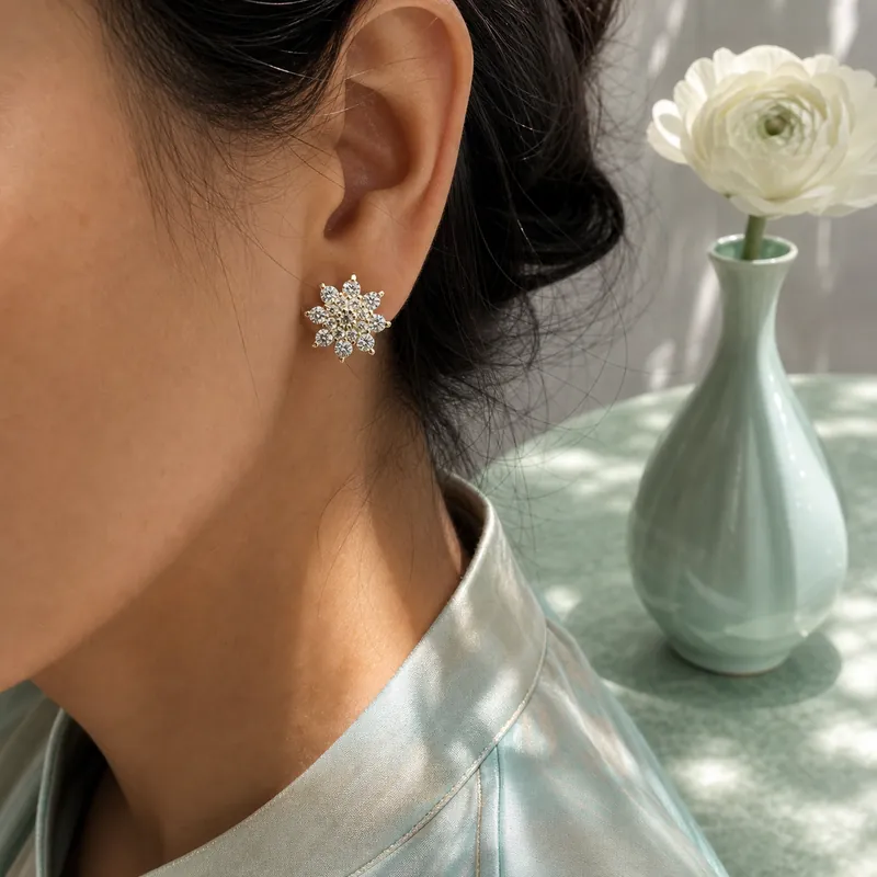 Gold CZ floral-cluster studs, white stones - detail - 925 Sterling Silver