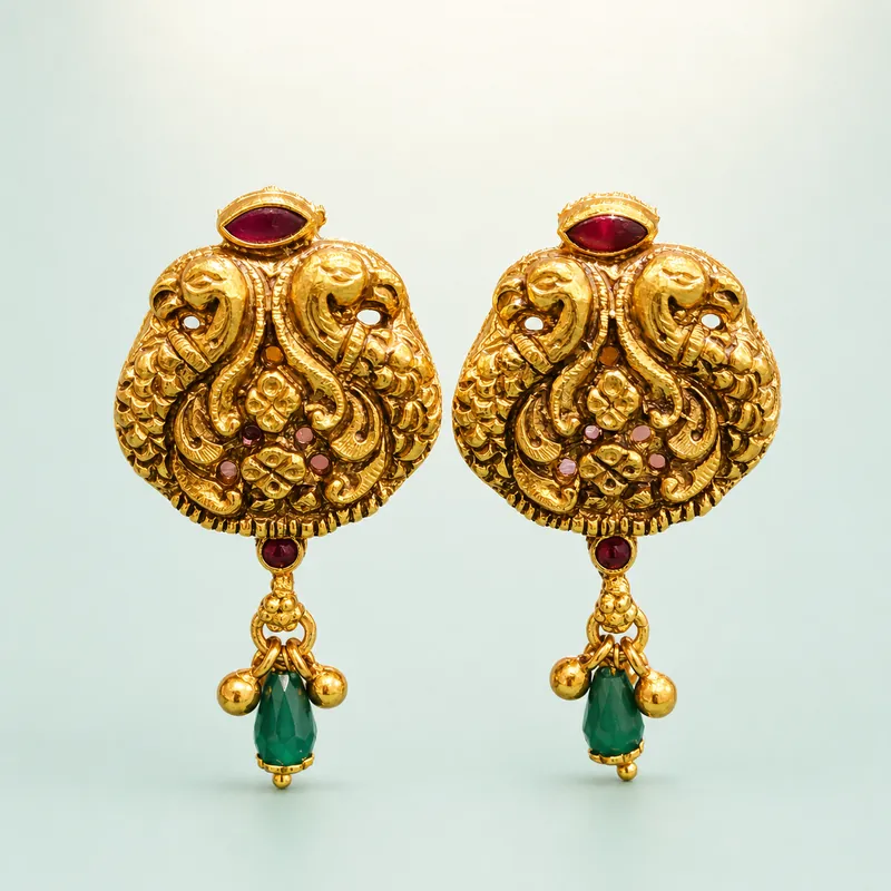 Antique gold double-peacock statement studs, red marquise, green drop  -  925 Sterling Silver on seaglass background