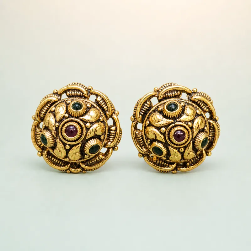 Antique gold round-dome stud, red centre + green cabochons  -  925 Sterling Silver on seaglass background